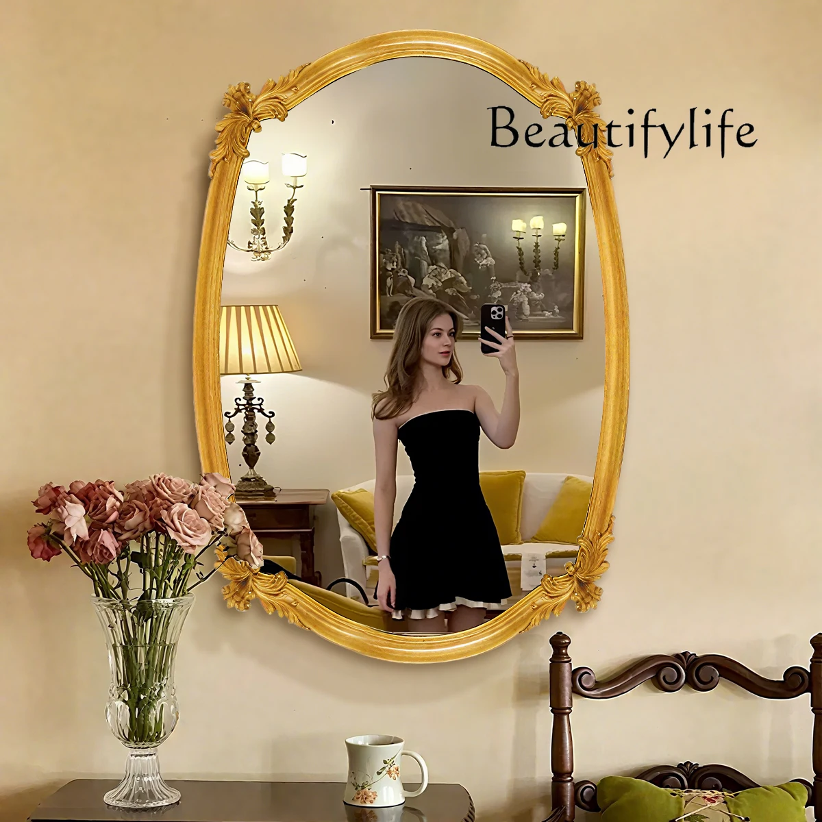American light luxury makeup mirror home bedroom living room dressing mirror retro coffee shop high-end decoration