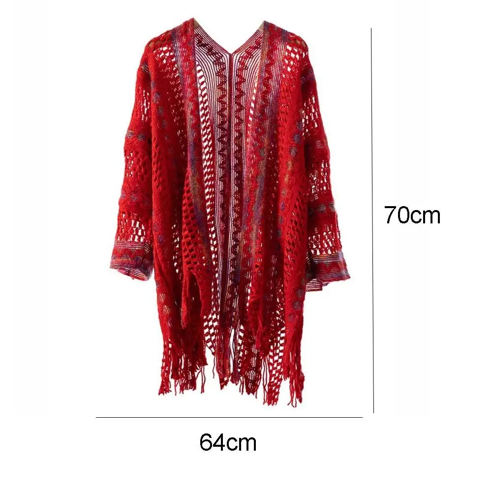 Luxury Elegant Bohemian Knitted Shawl Ethnic Style Hollow Wraps Scarf Coat Ladies Tassel Cape