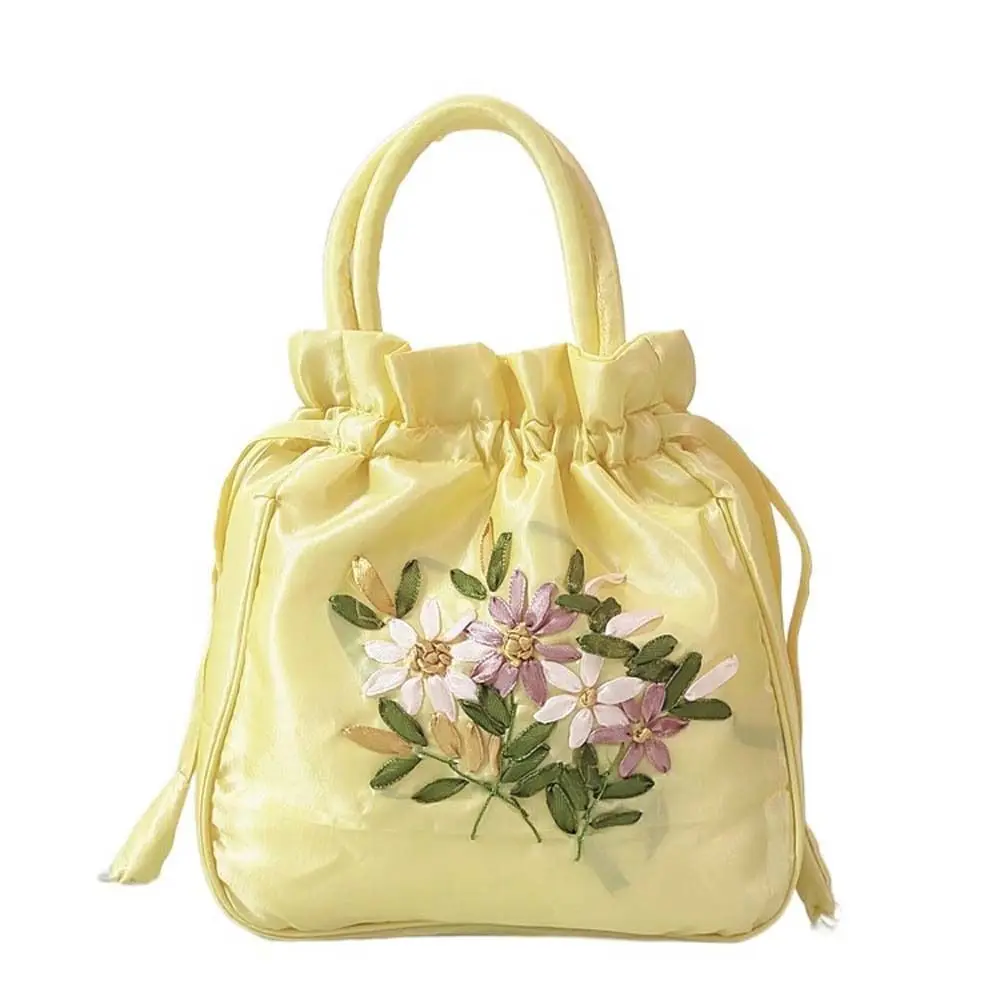 Satin Silk Hanfu Drawstrings Bag Leaf Mommy Bag Embroidery Flower Handbag Lunch Bag Ethnic Style Small Purse Wallet Travel
