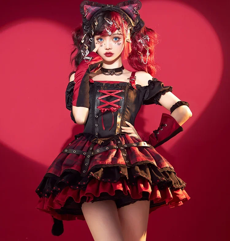 Originale Lolita Y2k Subculture Lo Princess Dress Hot Girl Black and Red Patchwork Cool Top e gonna Set vestiti Cosplay abiti