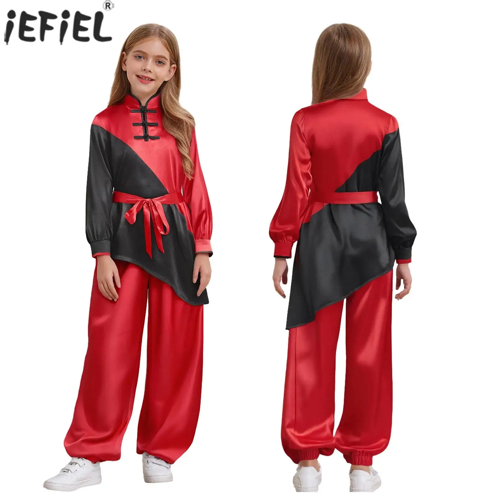 أطفال بنين بنات الكونغ فو موحدة تاي تشي وينغ تشون فنون الدفاع عن النفس الزي كم طويل مع حزام السراويل زي الهالوين التأثيري