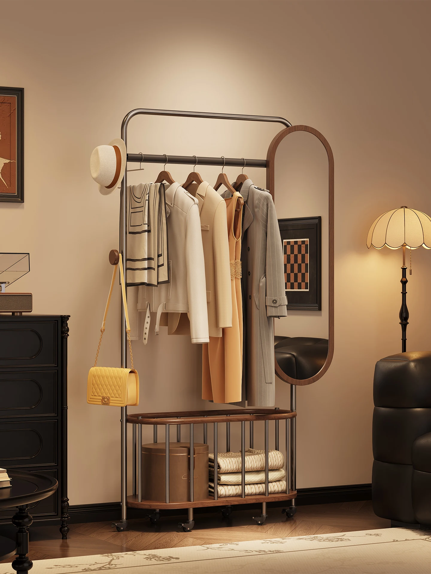 

Italian retro removable hanger floor-to-ceiling bedroom home coat rack with mirror integrated full body mirror fitting mirror