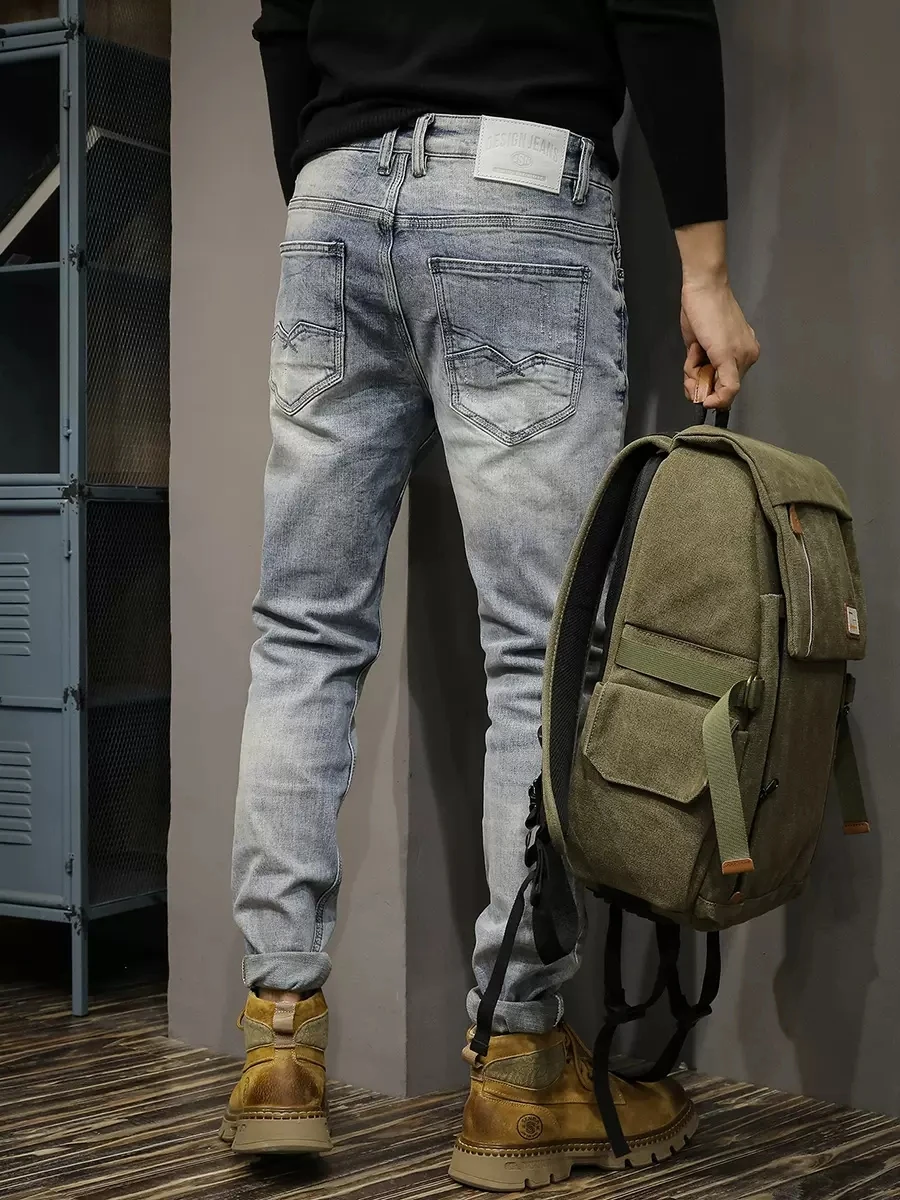 Italian Style Fashion Men Jeans Retro Light Blue Elastic Stretch Slim Fit Ripped Jeans Men Vintage Designer Denim Pants Hombre