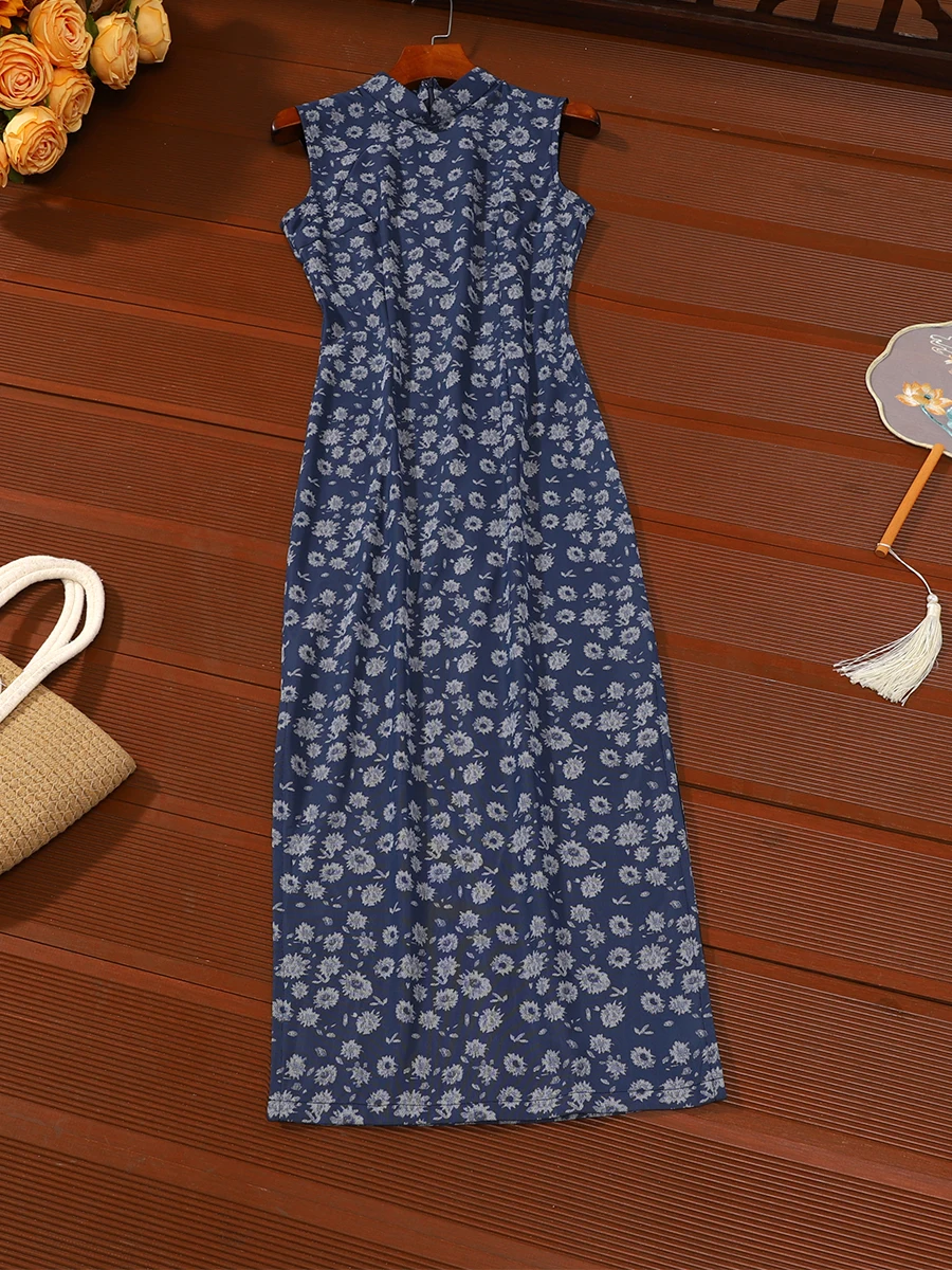 

Синее винтажное ципао в стиле Республики Китай, уникальное, стройнящее, для повседневной носки, длинное, с цветочным узором