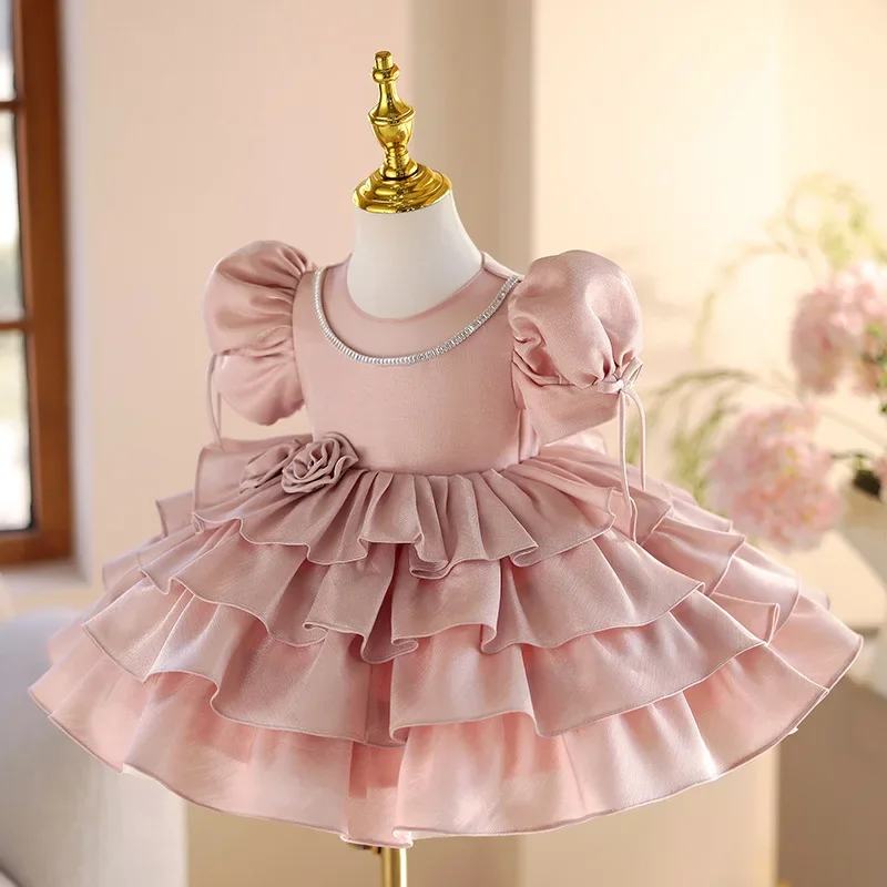 Summer Solid Color Sleeveless Round Neck Baby Girl Dress Cute Sweet Flower Ruffle Design Children Dresses Ball Gown For Party