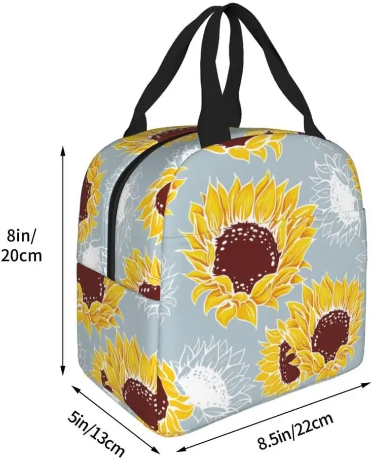 Fiambrera de girasol amarilla reutilizable, bolsa de almuerzo aislada Floral con bolsillo frontal portátil, 8,5x5x8 pulgadas