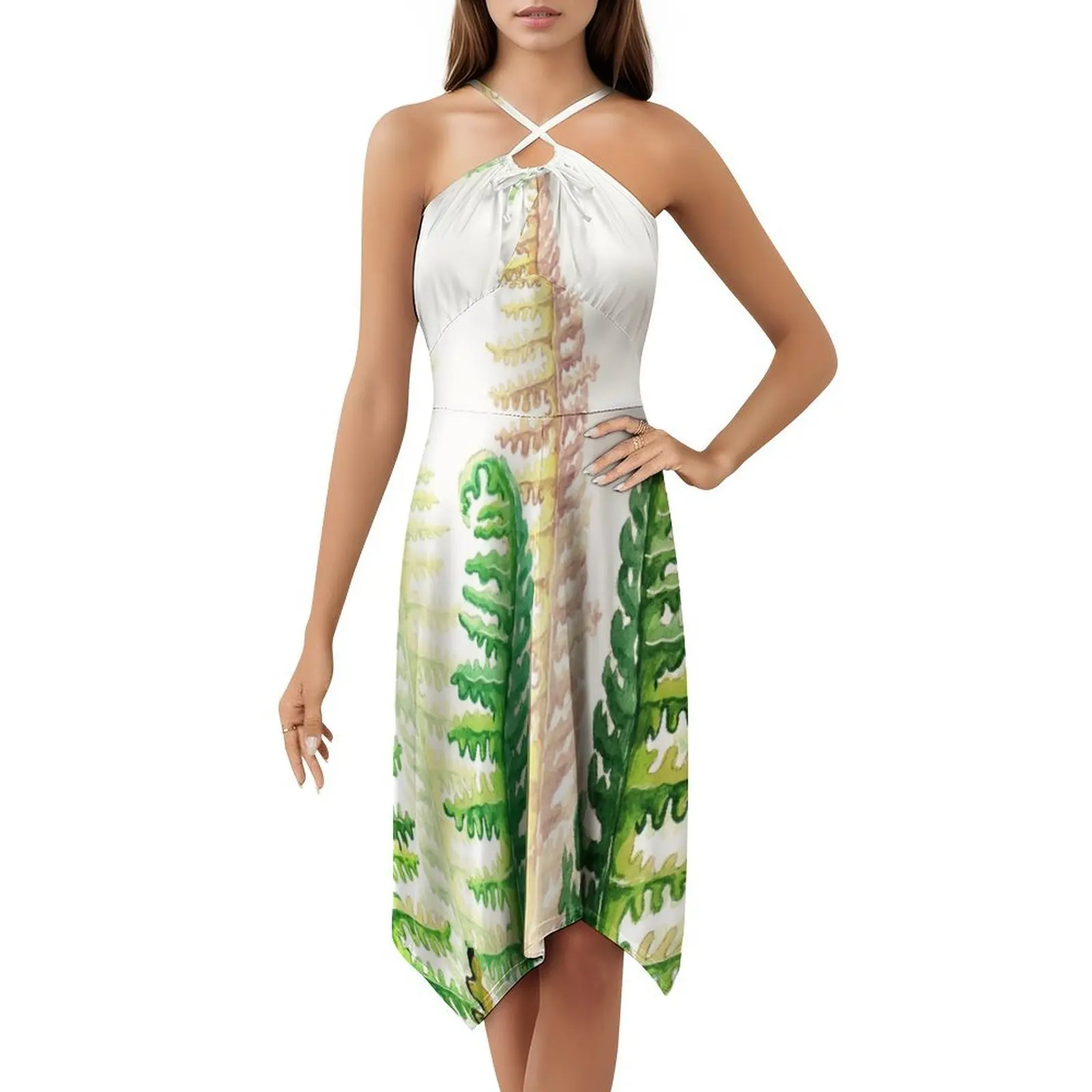 فستان Green Ferns للسيدات هيب هوب ملابس الشارع مطبوع عليه رسومات جرافيكية للحفلات والنوادي بألوان مائية طبيعية لفستانها الأخضر