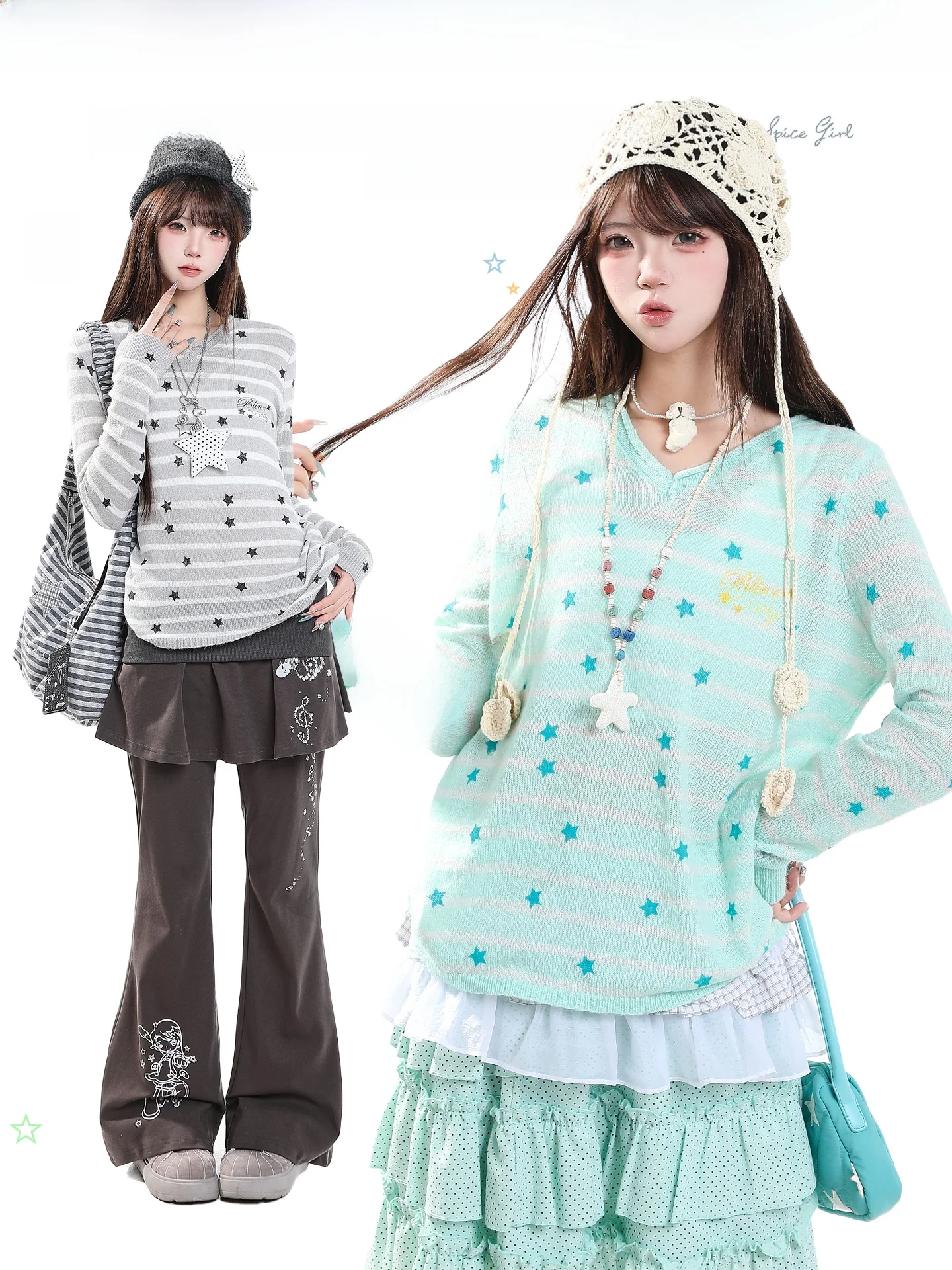 Sweet Cute Star Stripe V-Neck Knitwear Women's Loose Casual Soft Sweater Autumn College Style Age-Defying Comfortable Long Sl...
