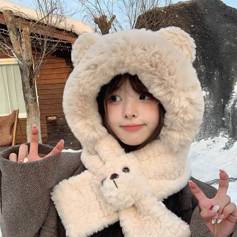 Cute Bear Ear Hat Scarf Integrated Women Fluffy Outdoor Warm Winter Windproof Hooded Scarf Thick Teen Girl City Walk Hat Soft