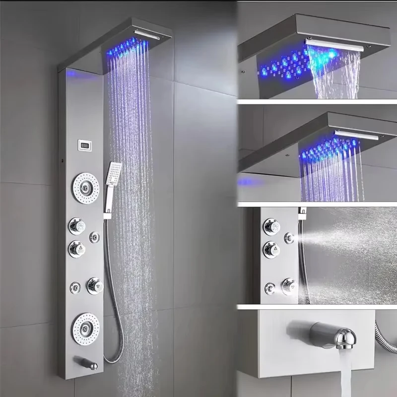 

Stainless Steel Wall Mounted Shower Panels Waterfall LED Shower Column Towers Panel System With Massage