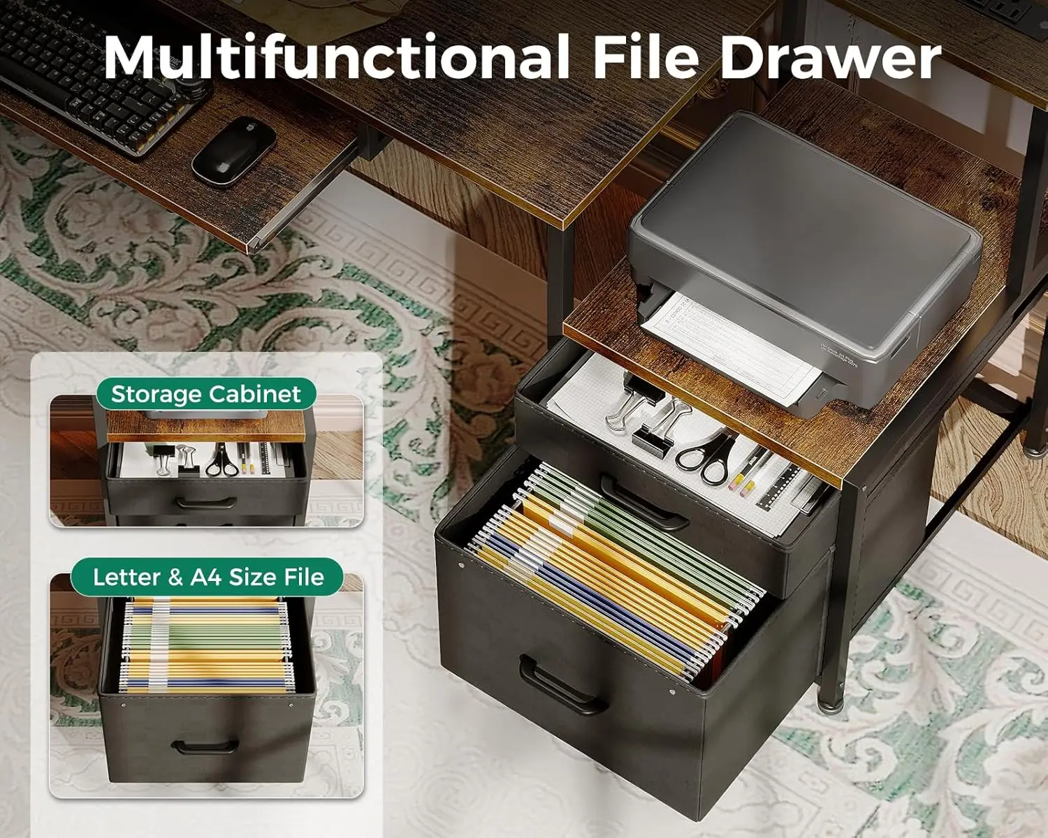 55" Office Desk with Drawers, Keyboard Tray, Power Outlet & USB Ports for Home Study Work