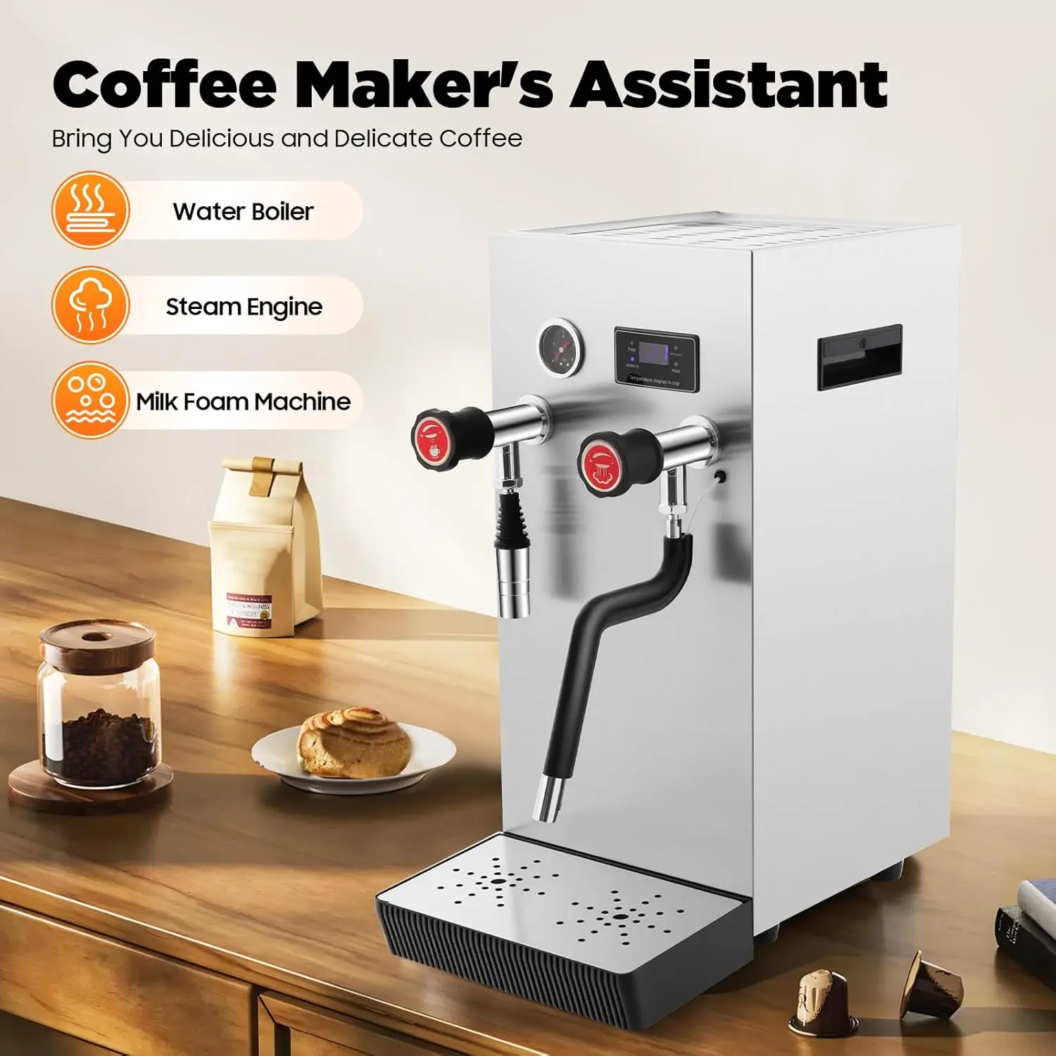 

Коммерческий вспениватель молока на 8 л, электрическая машина для кипячения пара и воды мощностью 2500 Вт с ЖК-дисплеем, многофункциональная машина для производства молочной пены