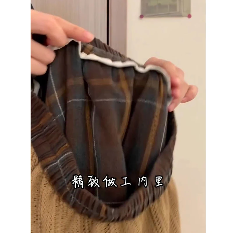 Women Vintage Plaid Hook Flower Hollow Patchwork Mori Style Skirts Female High Waist Y2K Harajuku Chic Loose Midi Skirt Faldas