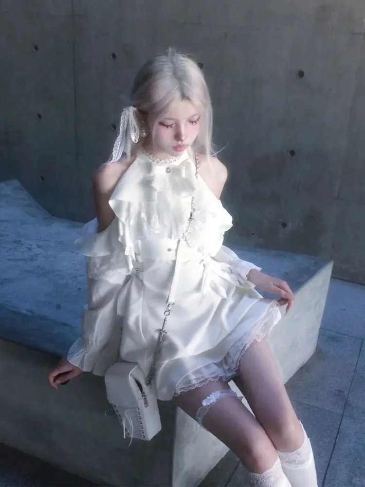Japanisches Lolita-Kleid für Damen, lässig, Neckholder, Rüschenbesatz, kalte Schulter, lange Ärmel, Spitze, süßes Minikleid, Harajuku Streetwear