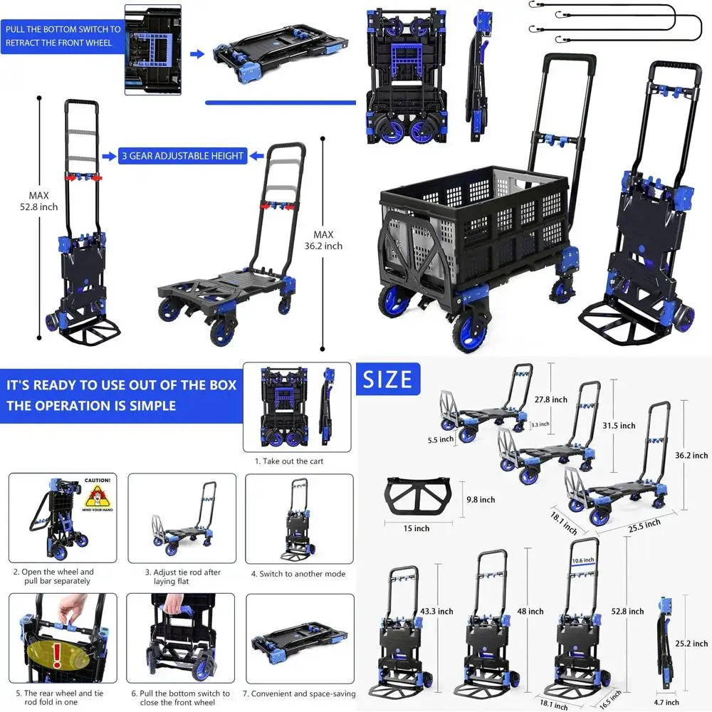 

Складная тележка повышенной грузоподъемности (до 150 кг) с корзиной, 2-в-1: платформенная тележка-платформа и тележка-платформа с ручкой, 4 колеса и телескопическая ручка