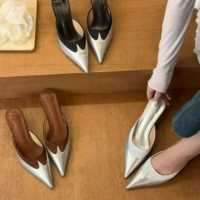 

2025Elegant Mixed Color Thin Women Sexy Pointed Toe Slingbacks Heeled Sandals Summer Silver Pumps Party Dress Shoes