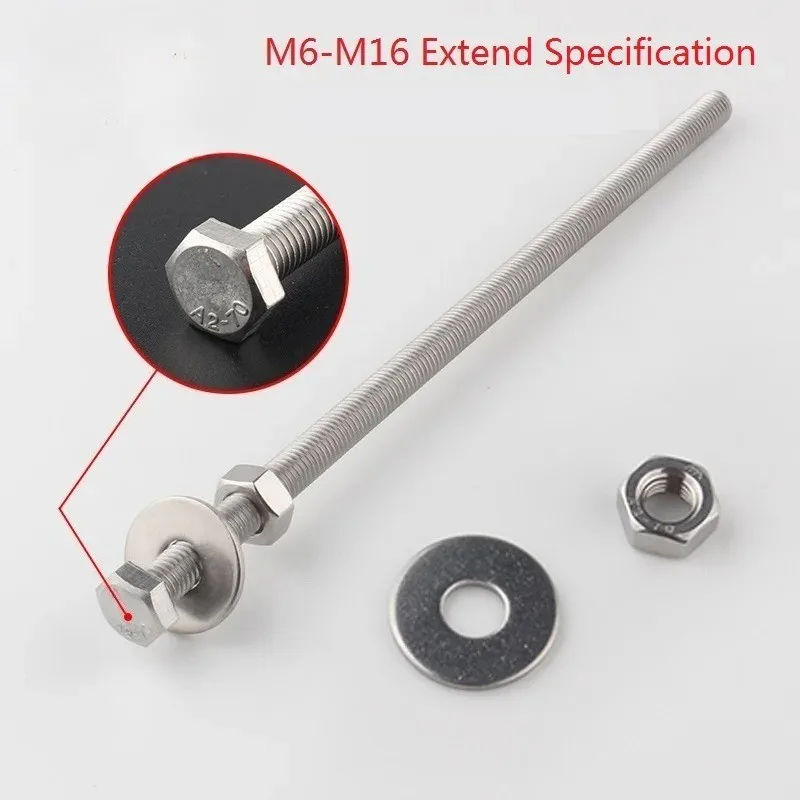 External Hexagon Extended Screws 304 Stainless Steel Outer Flat Hexagon Head Bolt for Machine M6 M8 M10 M12 M16 200mm 180mm Long