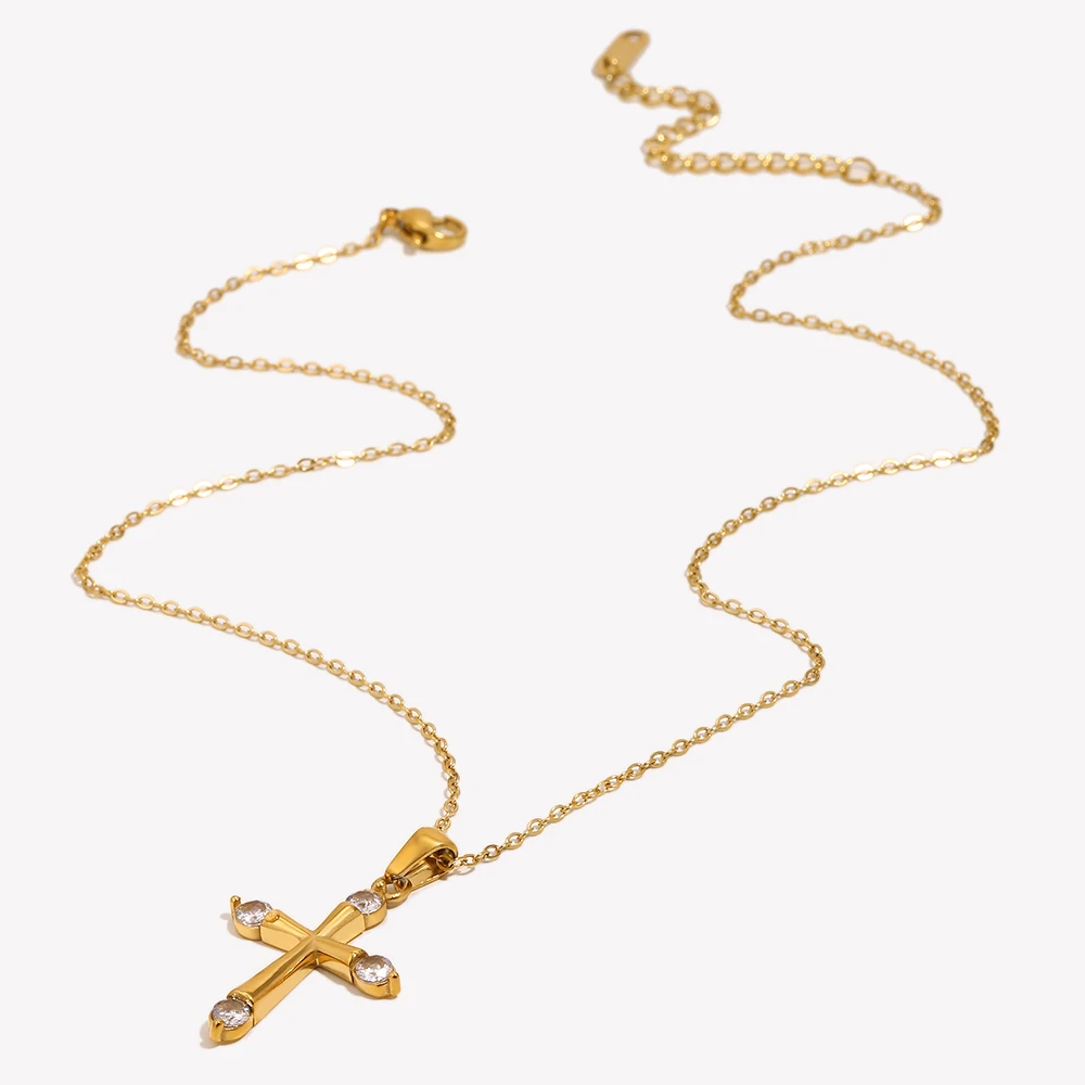 E.B.belle Minimalist Style Glossy Rhinestone Cross Pendant Necklace Tarnish Free Hypoallergenic 316L Stainless Steel For Women