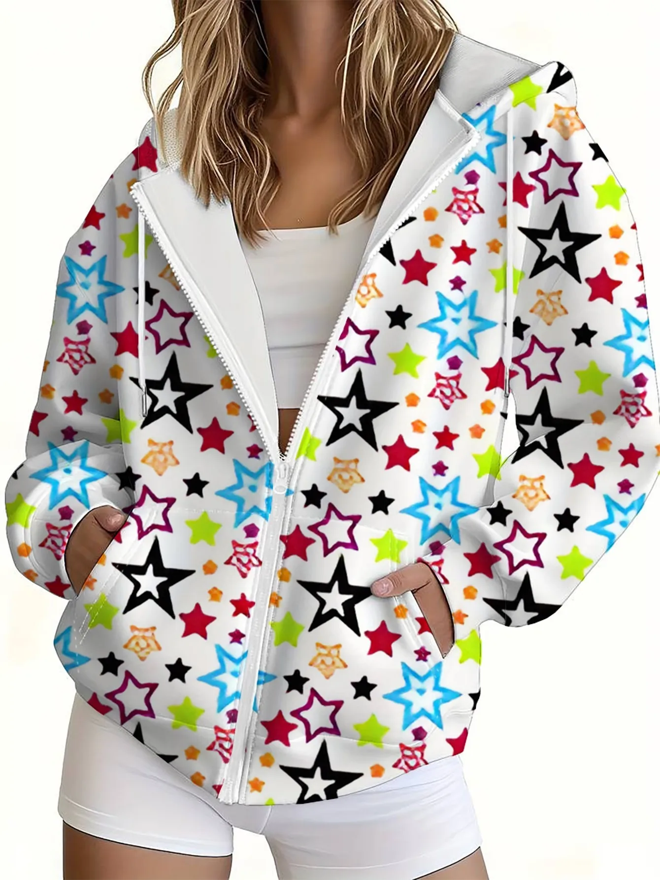 2026 Autumn/Winter Women's Zippered Hooded Sweatshirt for Fashion and Relaxation - 3D Pentagram Pattern Print