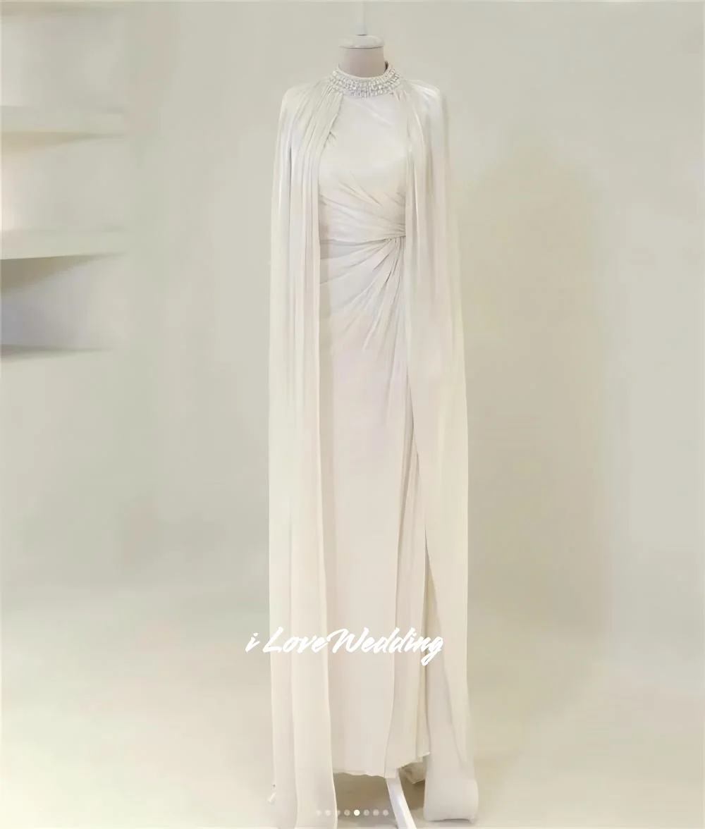 

White High Collar Prom Dresses Long Sleeve Beading Mermaid Bespoke Occasion Dresses Elegant Floor- Length Pleated Customized