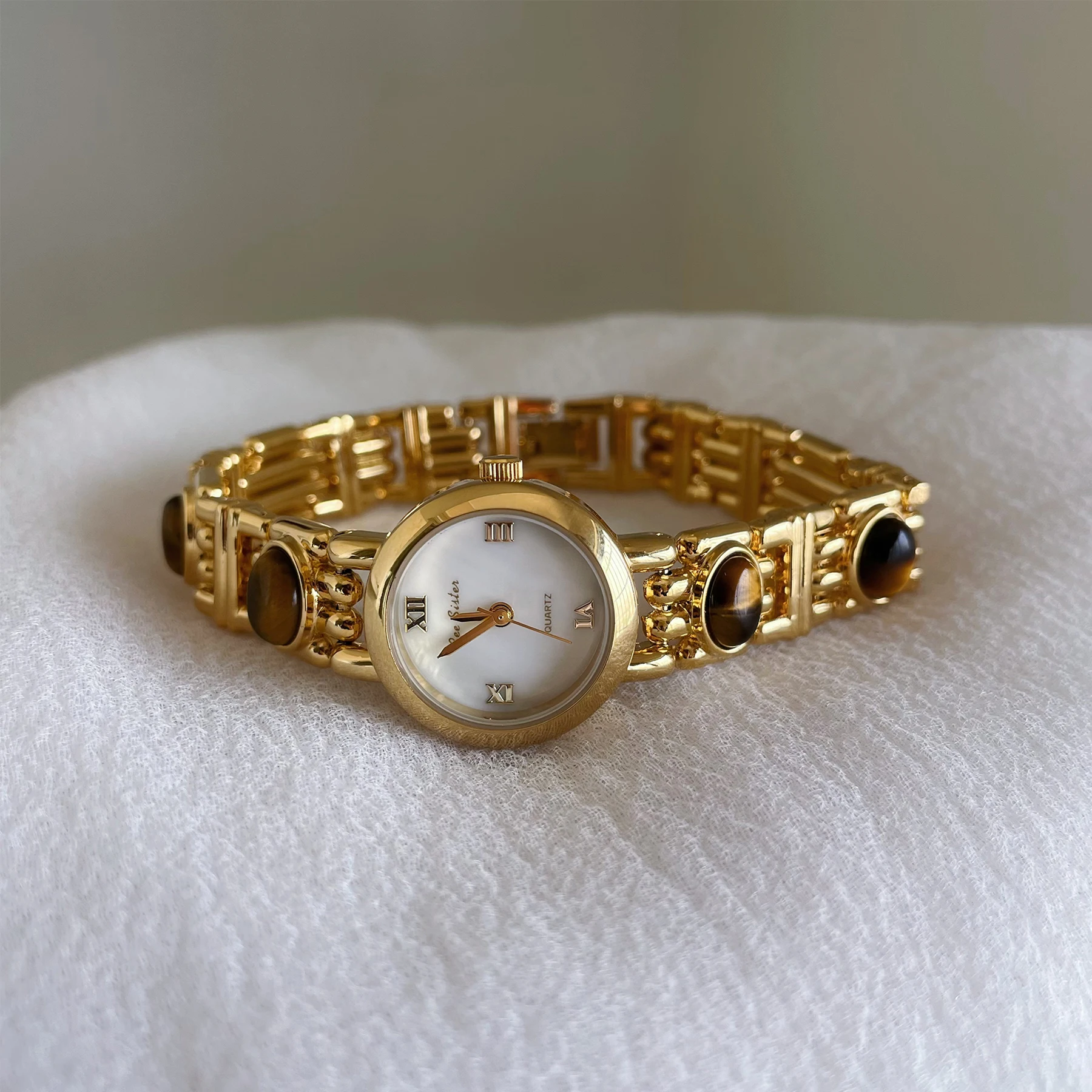 NEW Elegant Retro Watch Women Natural Brown Gemstone Jade Waterproof Round Dial Quartz Watch Female Bracelet Accessories Gift