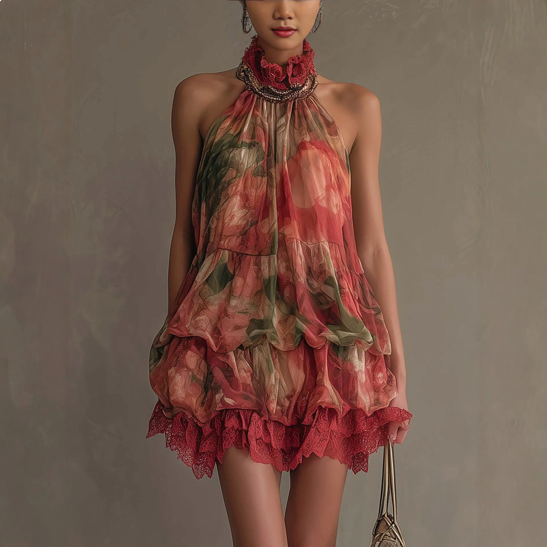 Spring Summer Print Tie Front Dresses Overall Jumpsuit Playsuit Red Lace Spliced Mini Dress