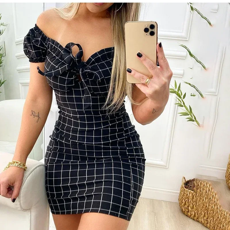 Summer Sexy Off Shoulder Mini Dress Women Fashion Casual Plaid Dresses Bodycon Beach Boho Party Dress For Women Robe Femme