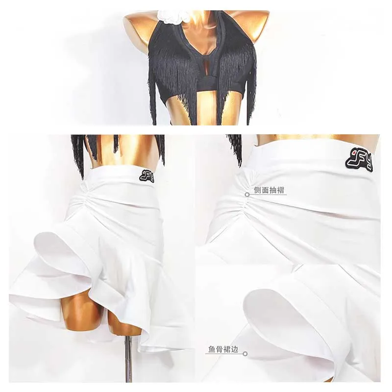 Volwassen Latin Danskleding Vrouwen Professionele Competitie Jurk Samba Rumba Danser Oefenkleding Zwarte Fringe Top Witte Rok VDL853