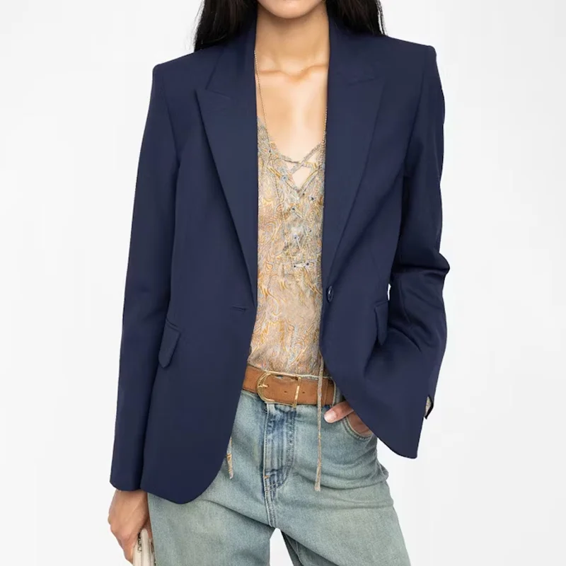 الأزرق الداكن الدعاوى النساء عارضة الصلبة الحلل السيدات التلبيب معطف طويل الأكمام جيب قمم الإناث السترة زر جيب معاطف