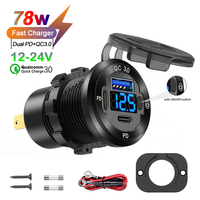 12V/24V USB Car Charger Socket QC3.0 & Dual PD Type-C Outlet 78W 3-Ports USB Power Outlet Charge Adapter for Motorcycle Car RV