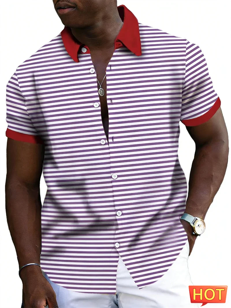 

Модные полосатые гавайские рубашки с графическим принтом для мужчин, летние стильные повседневные рубашки с отложным воротником и пуговицами, свободные дышащие блузы для отпуска