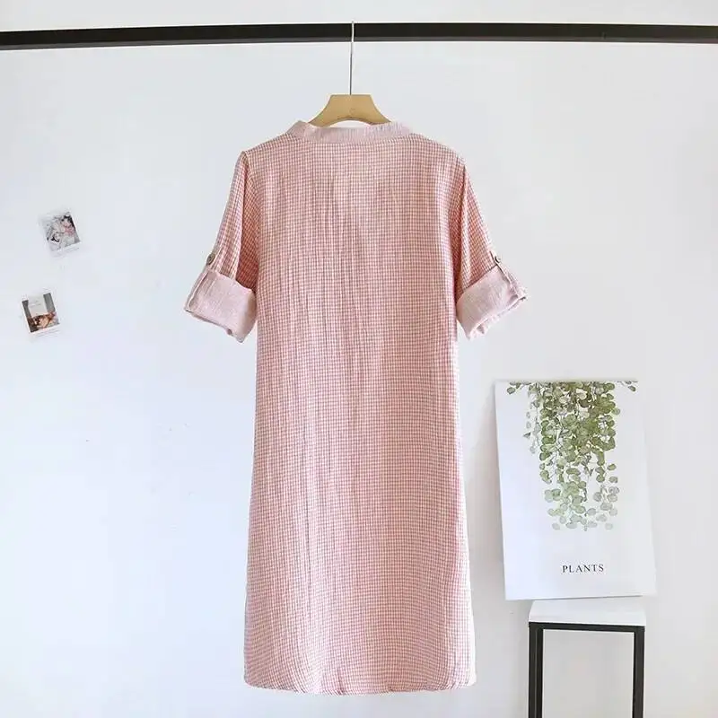 

Cotton Multi Colors Plaid Design Pama Nightdress With Long Sleeves For Spring And Autumn Thin V-Neck Home Pyjamas Dress