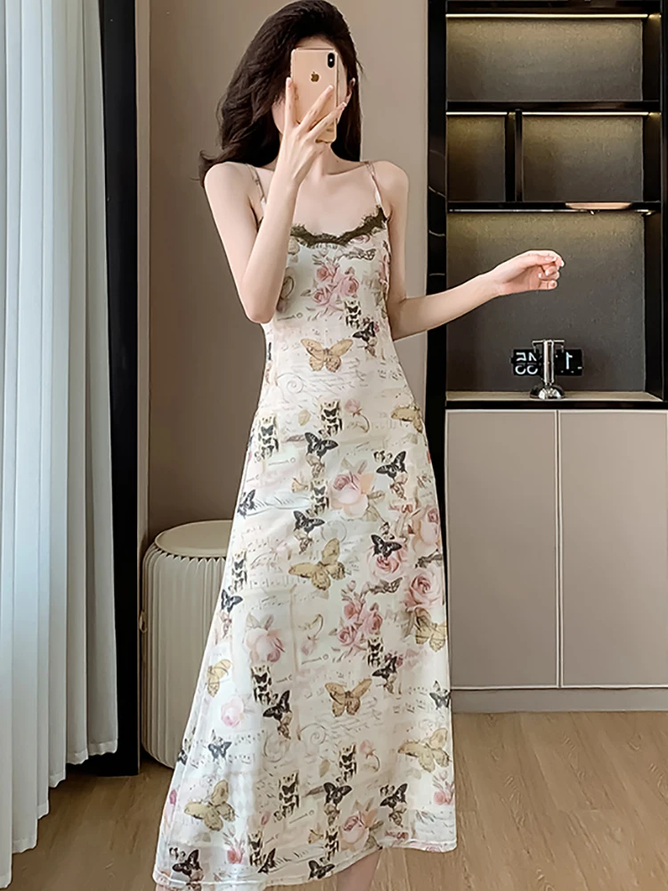 Vestido largo bohemio Floral elegante con tirantes de encaje para mujer, vestido Sexy de moda coreana para vacaciones, vestido ceñido Vintage de lujo para verano 2024