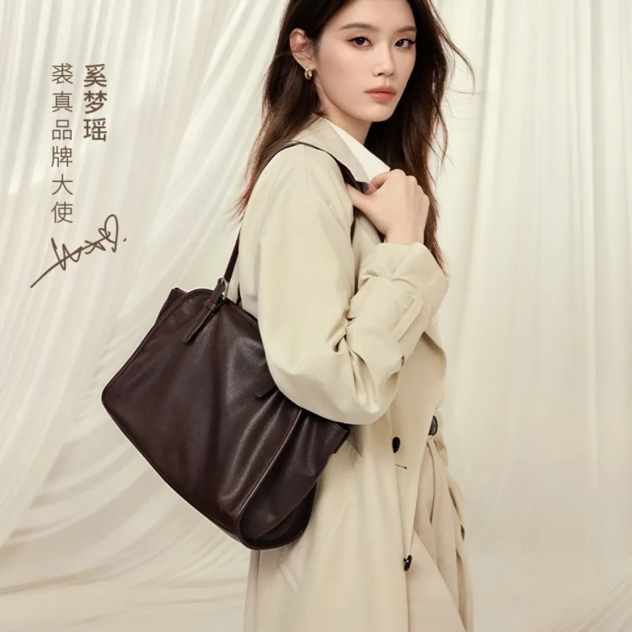 

【New style】New Xi Mengyao same model plant tanned beef leather sheepskin yuanbao bowling bag retro large-capacity commuting bag