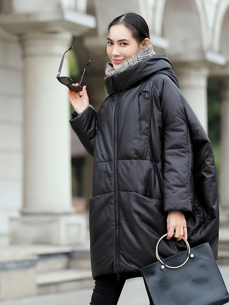 Luxury Hooded Sheepskin leather down jacket Batwing sleeve coat Oversized Women Winter 2024 Collection Warm Outwear INKEO 3O339