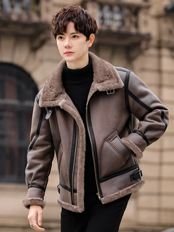 

Мужская зимняя куртка из утепленной кожи с подкладкой из овечьего меха, в стиле байкерской, приталенная, длинная, теплая верхняя одежда для молодежи