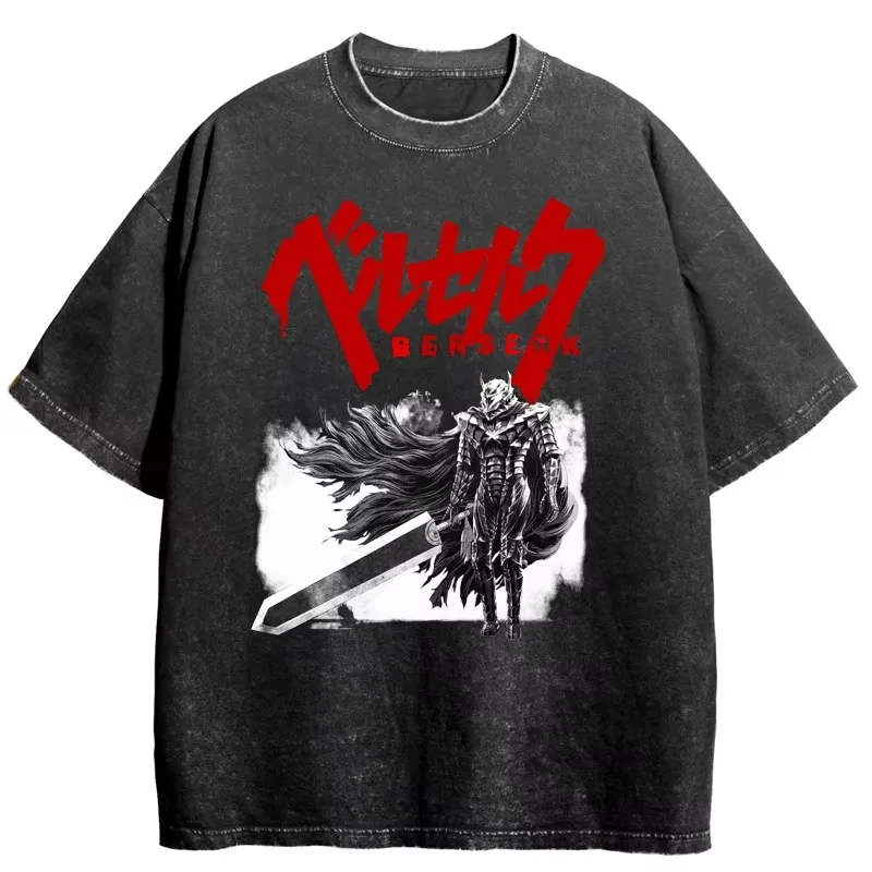 

Warrior berserk sword wind legend retro animation painting washed old retro T-shirt 2025 new men's and women's trends