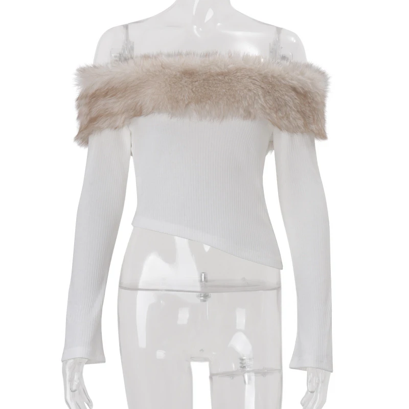 เสื้อผู้หญิงทรงเข้ารูป แขนยาว ดีไซน์ไม่สมมาตร แต่งขนเฟอร์ที่คอเสื้อ แบบเปิดไหล่ข้างเดียว สไตล์เซ็กซี่ สำหรับฤดูหนาว ปี 2025