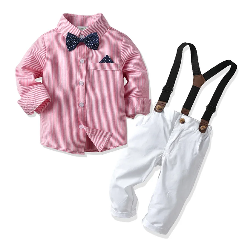 

A Gentlemen Boy Wear Long Sleeve Shirts Overalls Children Flower Bow Tie Spring Autumn Suit Kds Clothes