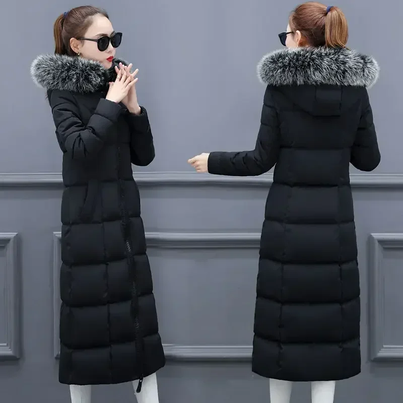 Fashion Winter Womens Cold Coat Long Fur Collar Hooded Padded Jacket Super Hot Snow Outercoat Slim Fit Keep Warm Cheap Wholesale