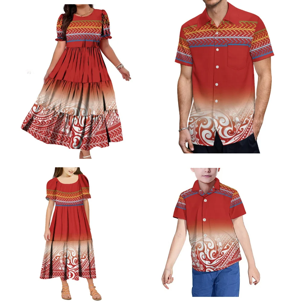 Polynesian Island Custom Samoan Party Family Sets Fashionable Women'S Short-Sleeved Dresses And Men'S Shirts Children'S Clothing