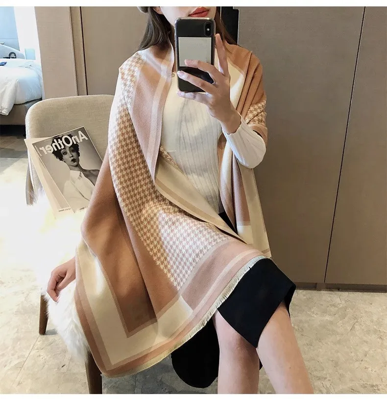 Simple thousand-bird check scarf for women autumn and winter new all-in-one light luxury style long thick imitation cashmere war