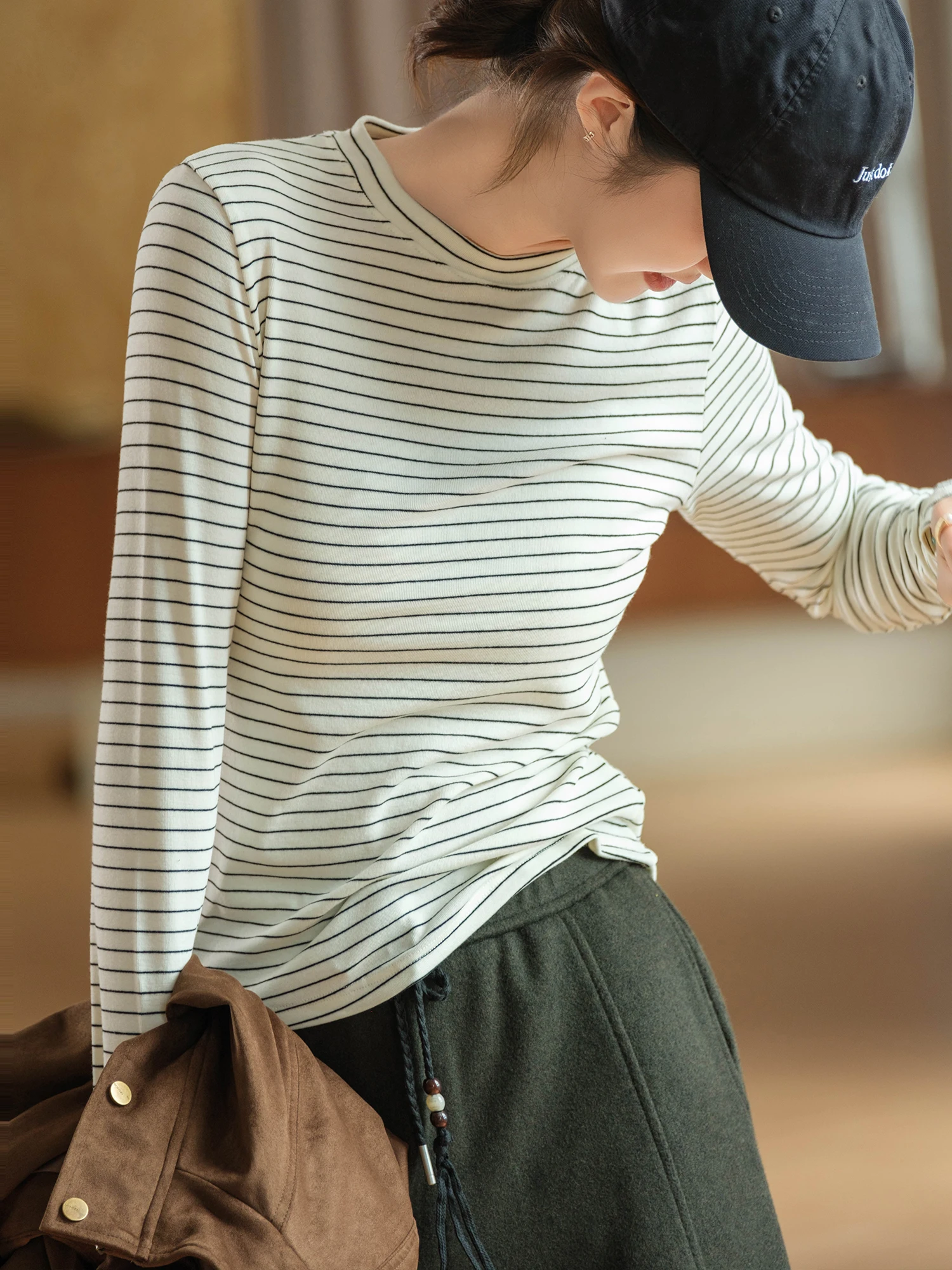 Heavyweight Fleece Blend Long Sleeve T-Shirt Net Version Stripes High Elasticity Comfortable Cotton Blend Casual Loose Fit