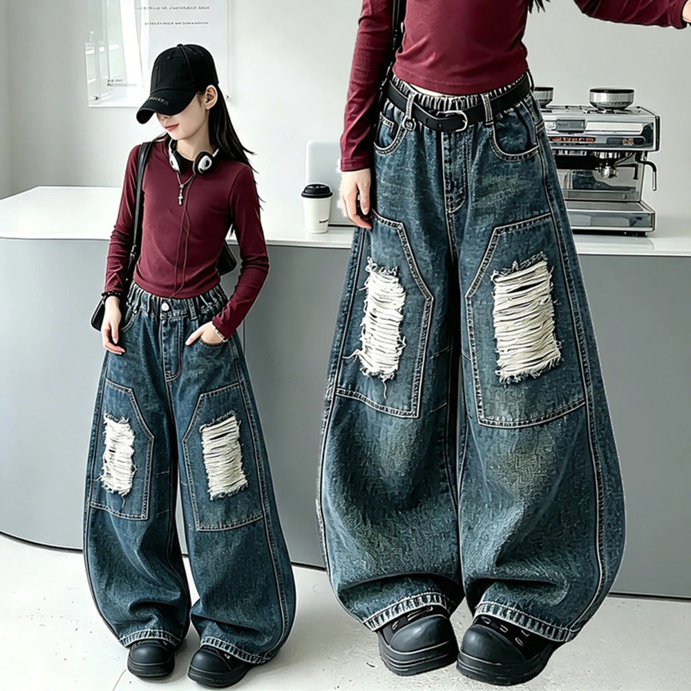 Teen Kids Casual Wide Leg Ripped Jeans with Hole Patch for Girls High Fashion Street Denim Pants Children's New Autumn Trousers