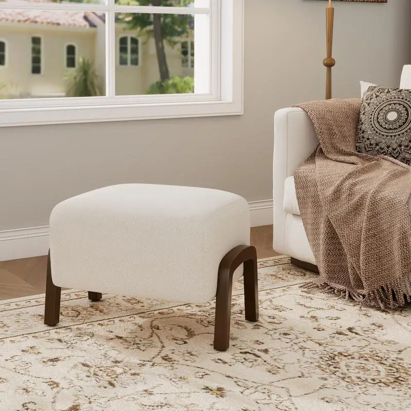 

White Boucle Upholstered Ottoman with Wooden Legs - Stylish and Cozy Furniture Accent for Living Room or Bedroom