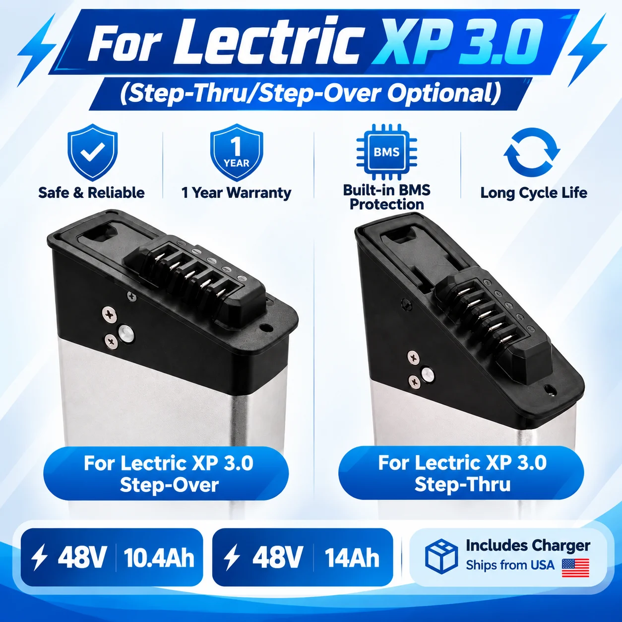48V 10.4Ah 14Ah Ebike Battery for Lectric XP 3.0 Step-Thru/Step-Over Lithium Electric Bike Replacement Battery Pack BMS with Charger US Stock