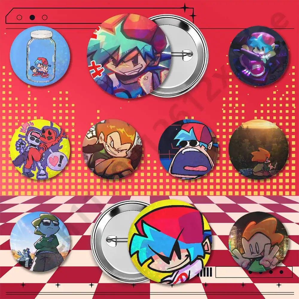 Friday Night F-Funkin Holographic Badge Pins 25/32/44/58/75mm Round Anime Game Brooches Cosplay Fan Merch Bag Backpack Decoratio