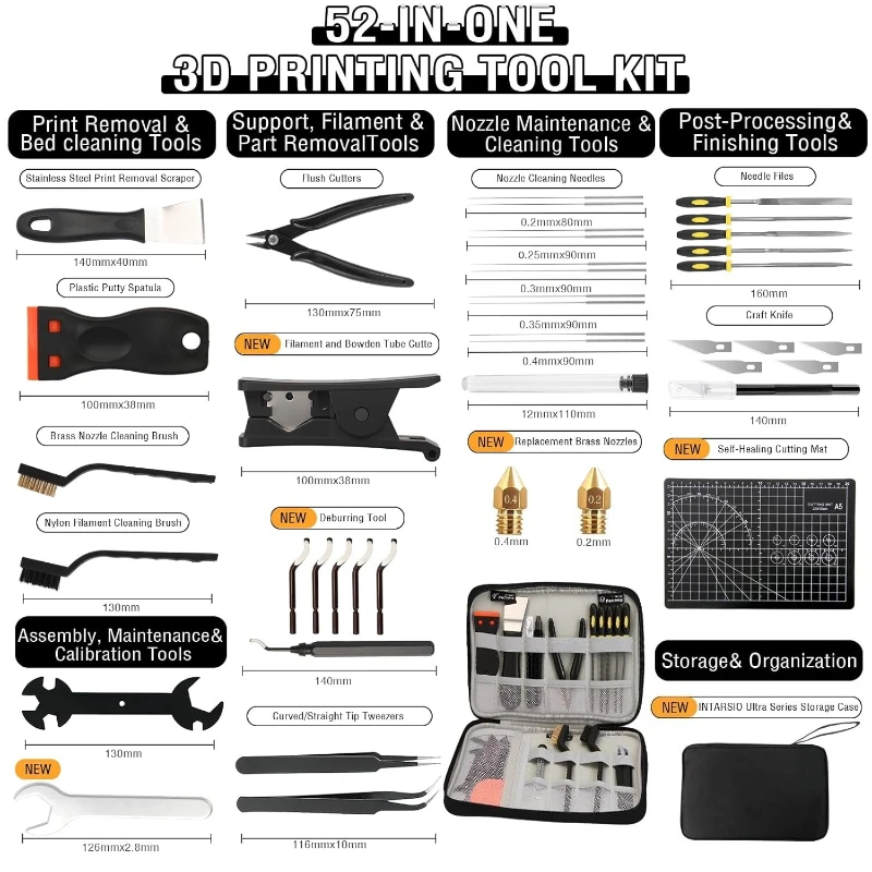 52pcs 3D Printer Tools Kit Deburring Nozzles Scrapers Files Set Tool 3D Printer Accessories Maintenance for FDM/SLA Printers