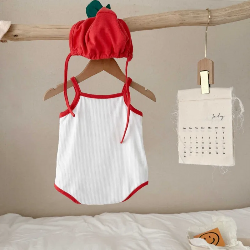 

New Summer Korean Style Baby Girl Boy Bodysuit Cartoon Tomato Print Suspenders Sleeveless Newborn Jumpsuit with Cap B2380