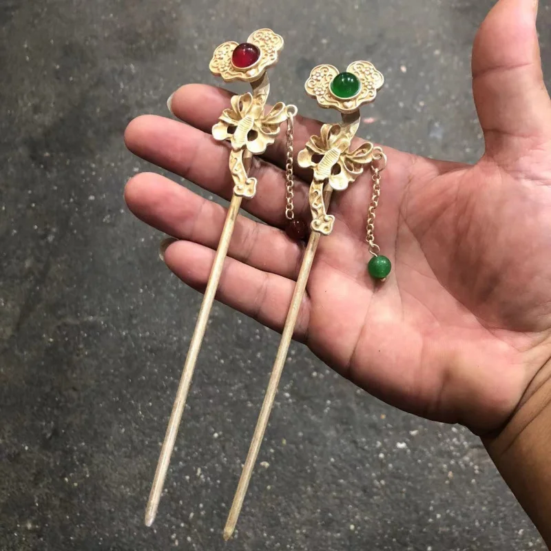Miscellaneous White Copper Plated Inlaid Red Green Gemstone Miao Silver Hairpin Hair Accessories